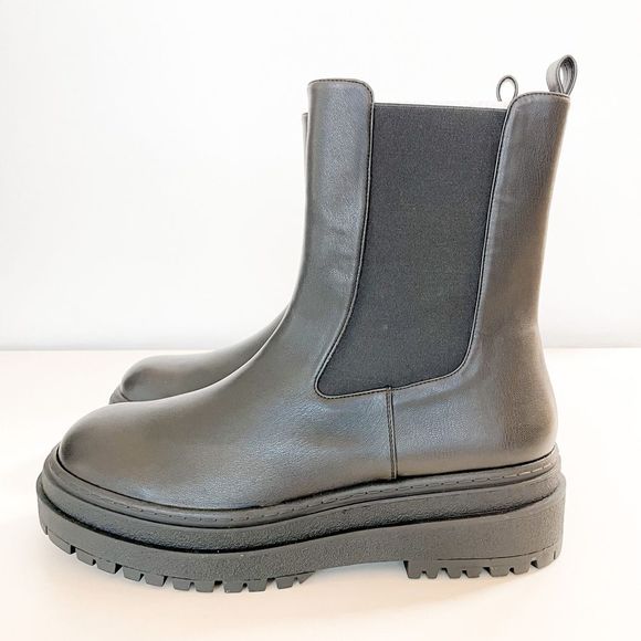 New Good American Black Leather Pull On Platform Boots - Picture 6 of 13